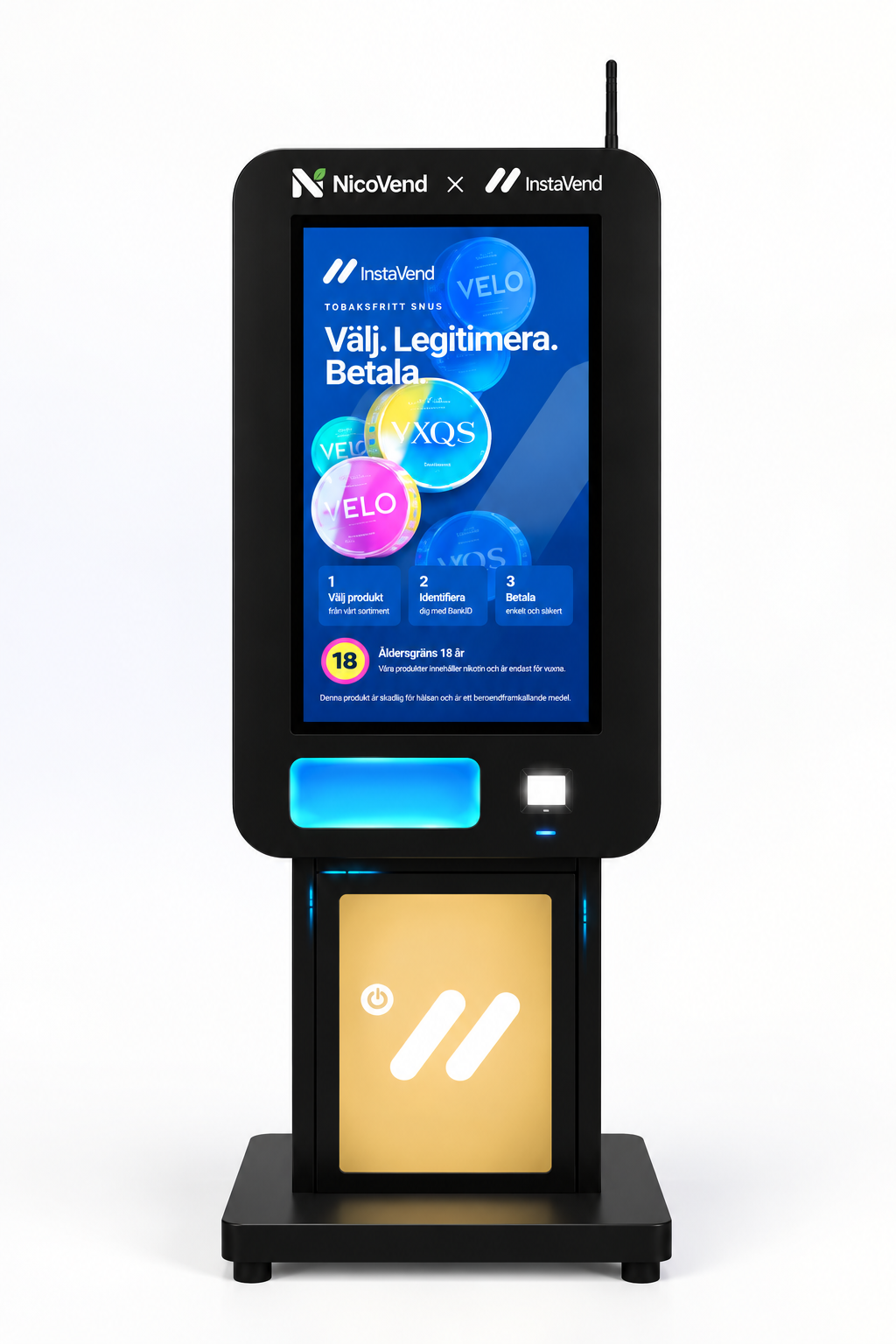 Mattsvart NicoVend-automat för tobaksfria nikotinpåsar med pekskärm, digital åldersverifiering och digital betalning
